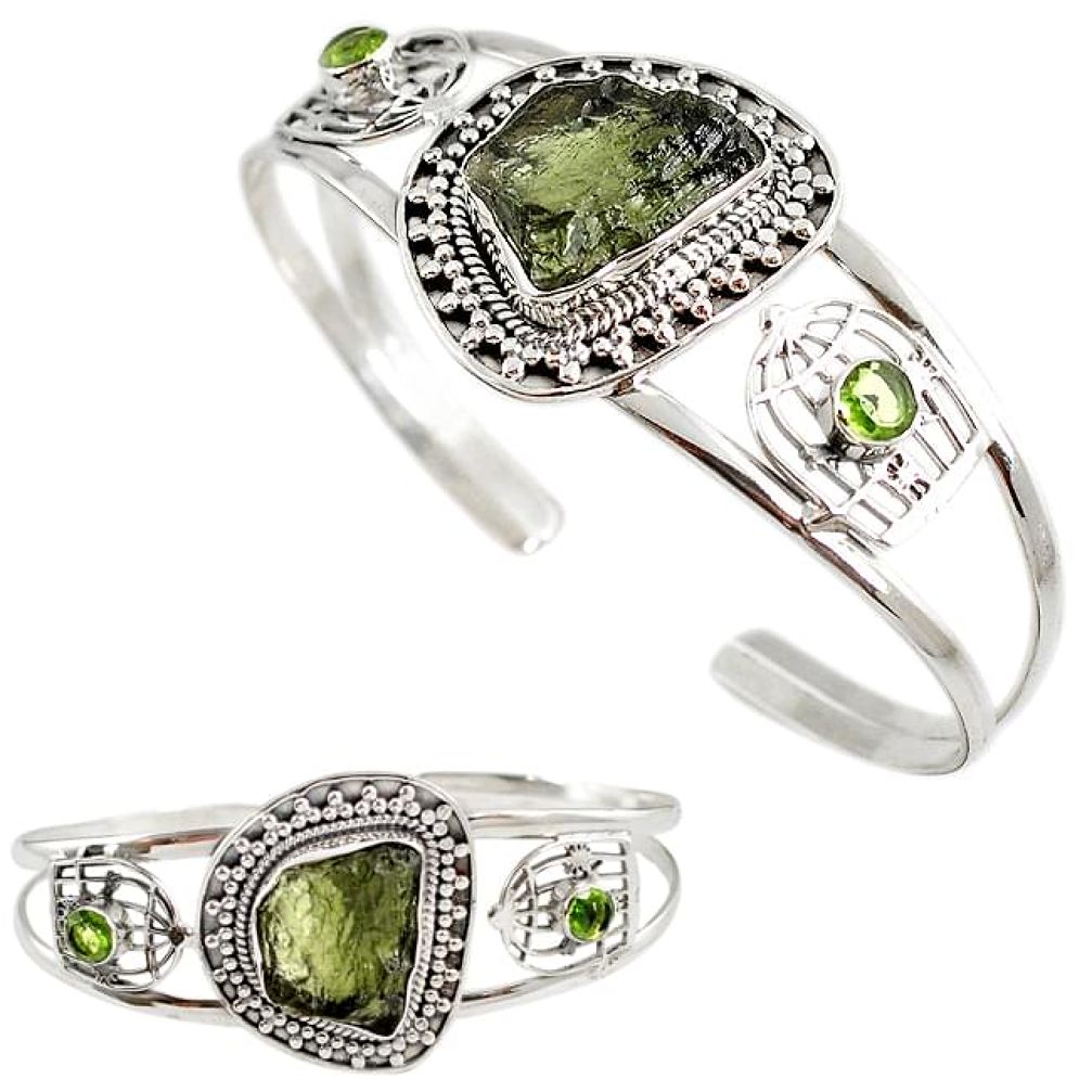 Natural green moldavite 925 sterling silver bird cage adjustable bangle h89250