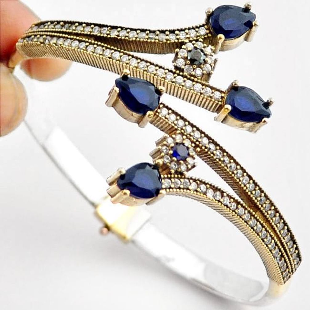 15.24cts TURKISH BLUE SAPPHIRE 925 SILVER TWO TONE ADJUSTABLE BANGLE F34869