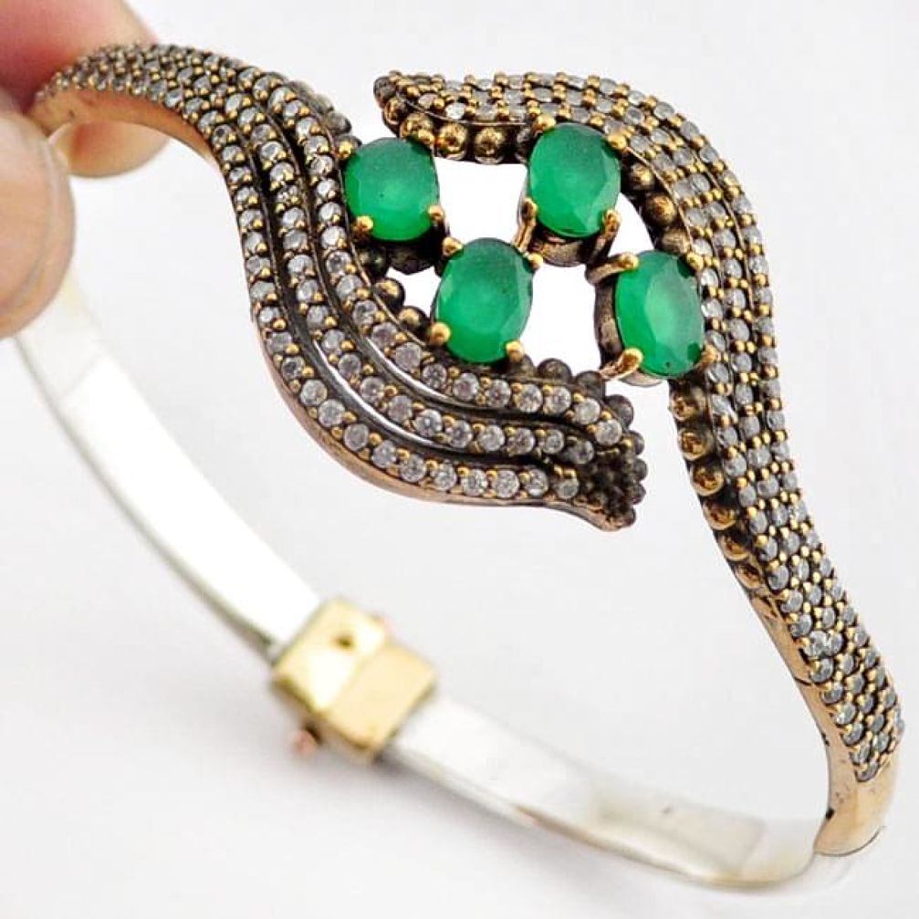 14.52cts TURKISH GREEN EMERALD 925 SILVER TWO TONE ADJUSTABLE BANGLE F34868