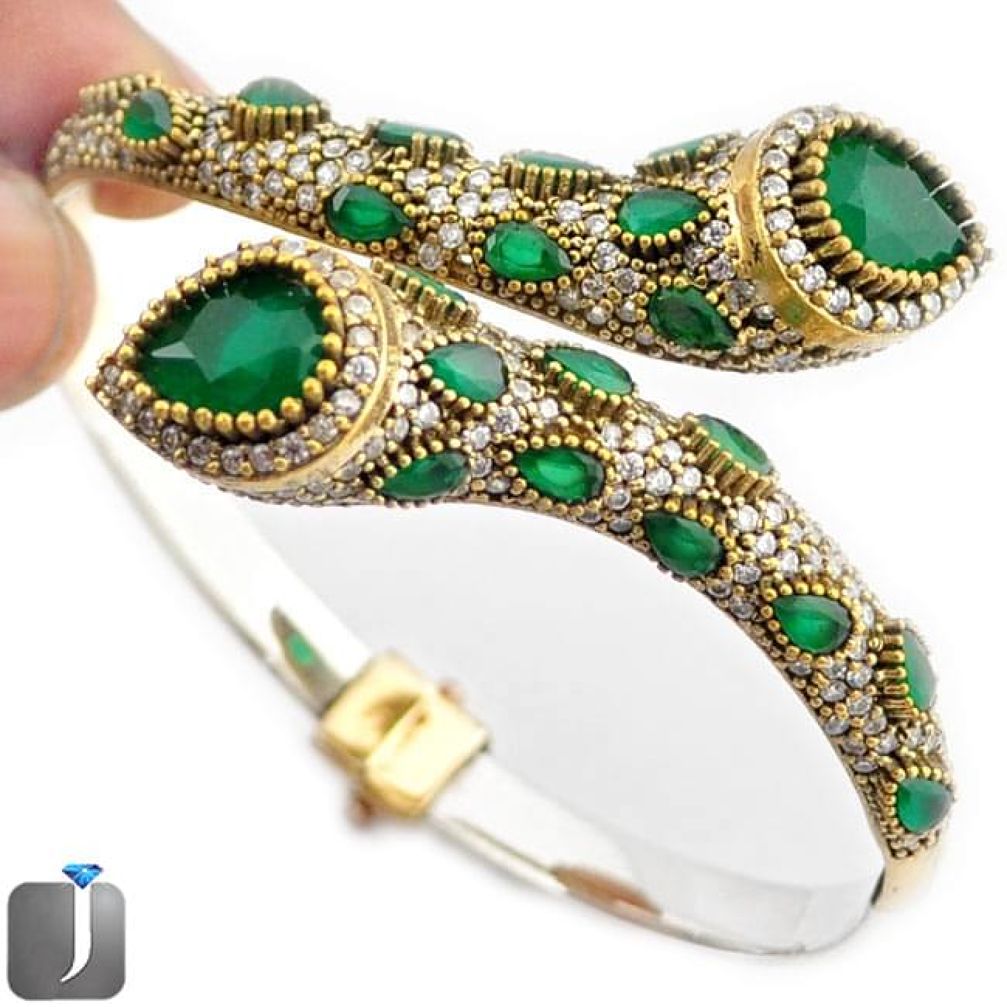 TURKISH GREEN EMERALD QUARTZ 925 SILVER TWO TONE ADJUSTABLE BANGLE F42877