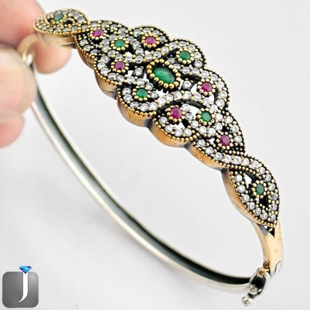 10.18cts TURKISH GREEN EMERALD QUARTZ 925 SILVER TWO TONE BANGLE F38874