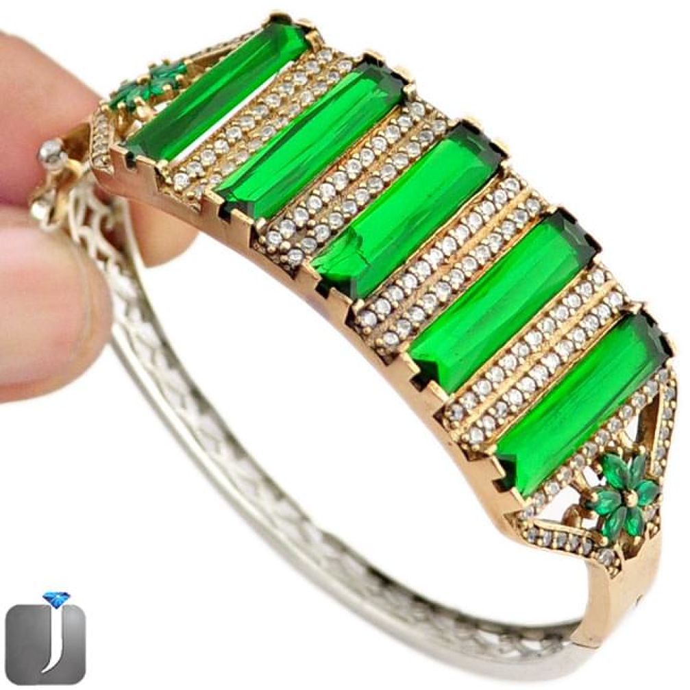 39.81cts TURKISH GREEN RUSSIAN NANO EMERALD 925 SILVER TWO TONE BANGLE F42874