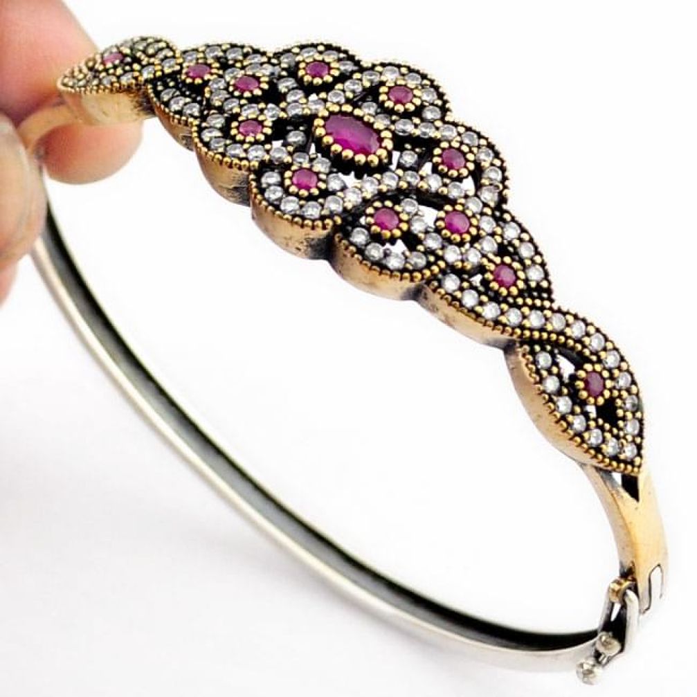 7.84cts TURKISH RED RUBY QUARTZ TOPAZ 925 STERLING SILVER TWO TONE BANGLE F34874