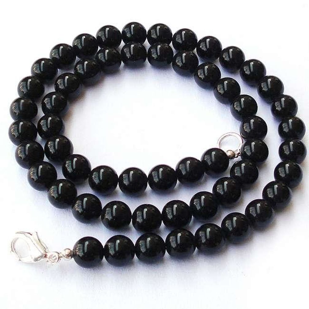 925 SILVER EXOTIC NATURAL BLACK ONYX ROUND NECKLACE BEADS JEWELRY H20481