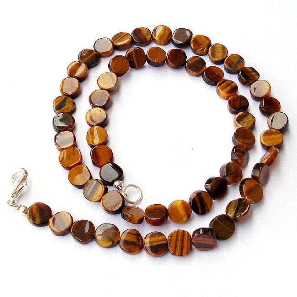 AMAZING NATURAL BROWN TIGERS EYE 925 SILVER NECKLACE COIN BEADS JEWELRY H20366