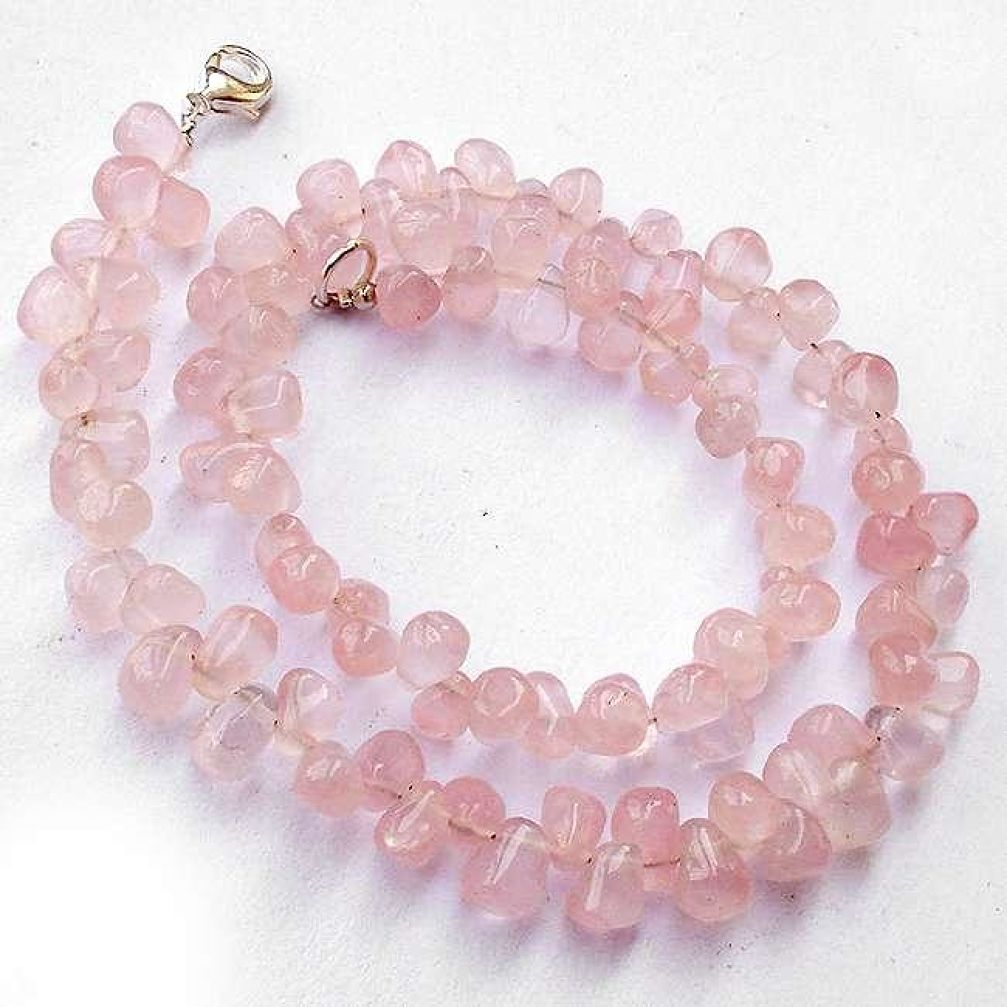 AMAZING NATURAL PINK ROSE QUARTZ 925 SILVER NECKLACE BEADS JEWELRY H20354