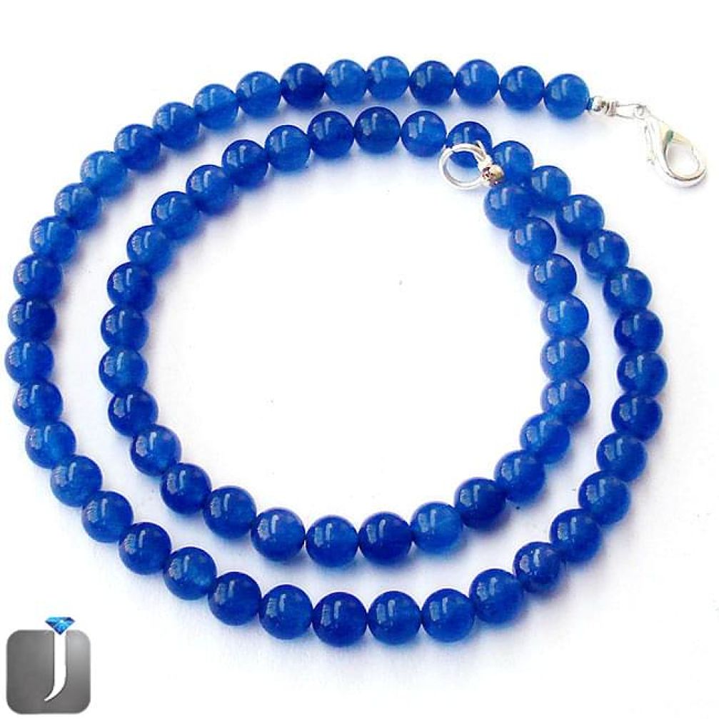 ATTRACTIVE NATURAL BLUE JADE 925 SILVER NECKLACE ROUND BEADS JEWELRY G48811