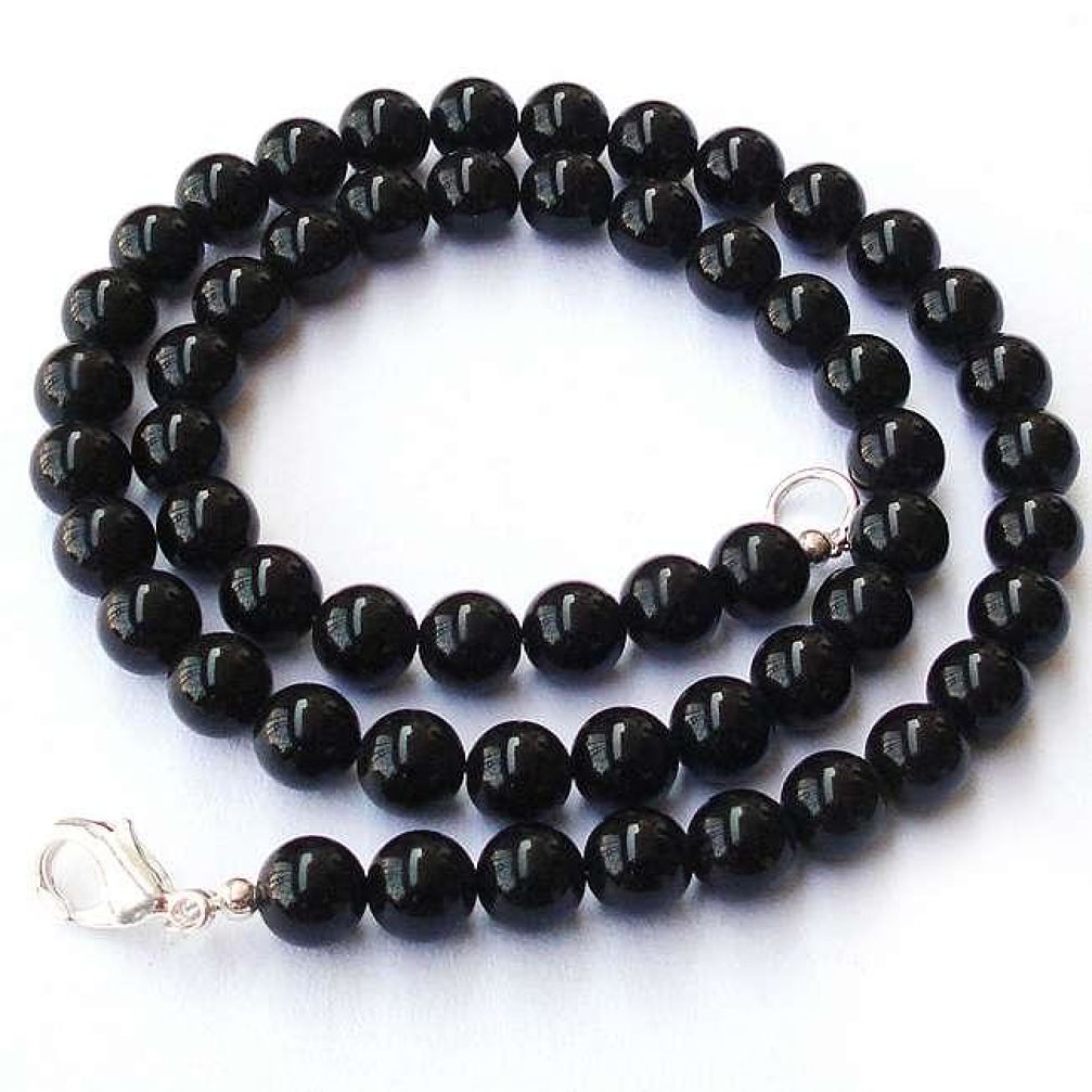 AWESOME NATURAL BLACK ONYX ROUND NECKLACE 925 SILVER BEADS JEWELRY H20485