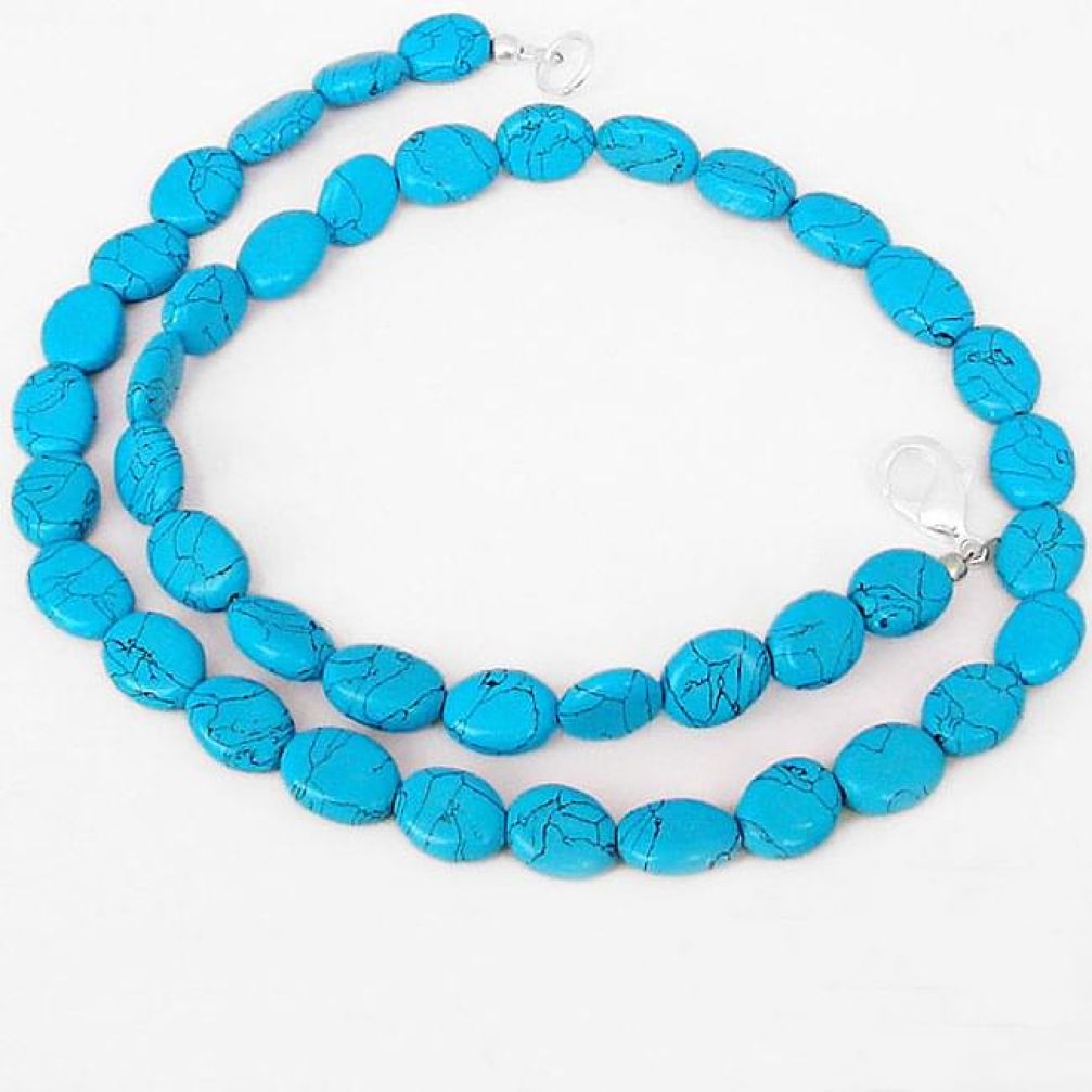 BLUE TURQUOISE OVAL SHAPE 925 SILVER NECKLACE BEADS JEWELRY H8979