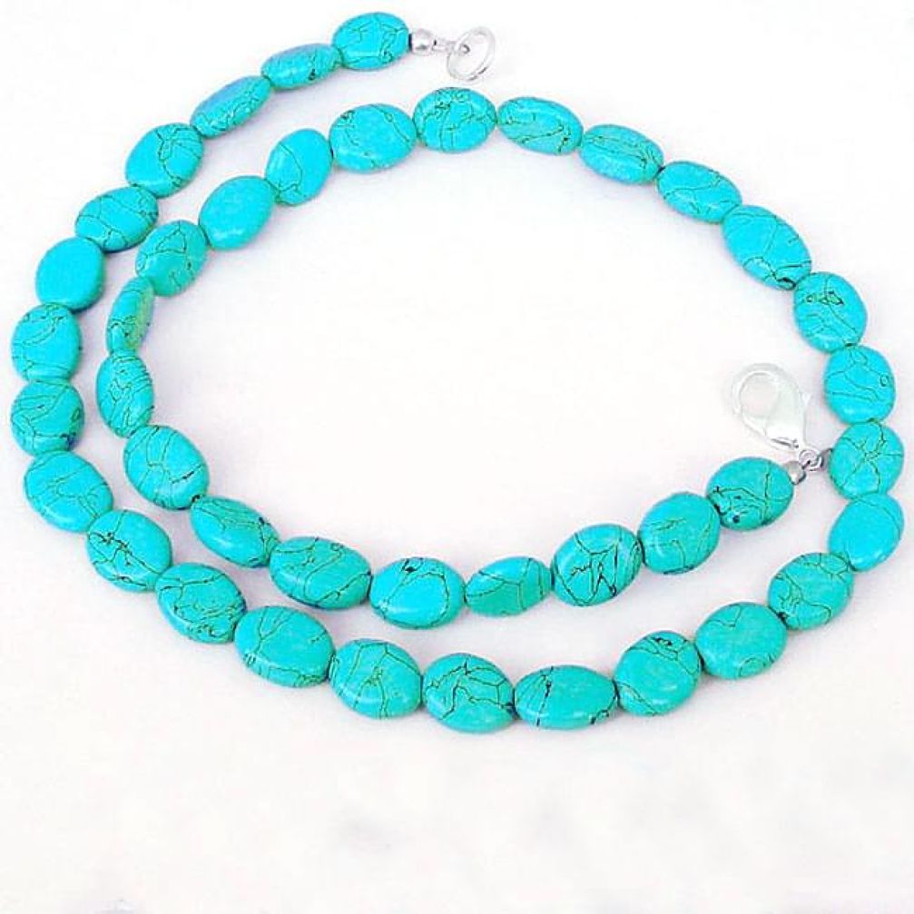 BLUE TURQUOISE OVAL SHAPE 925 SILVER NECKLACE BEADS JEWELRY H8998