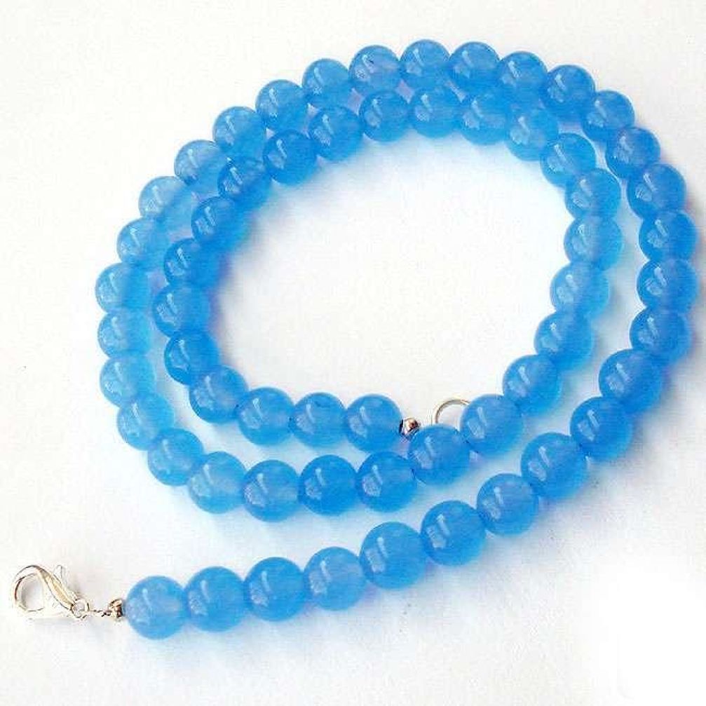 CHARMING NATURAL BLUE CHALCEDONY 925 SILVER NECKLACE ROUND BEADS JEWELRY H20437
