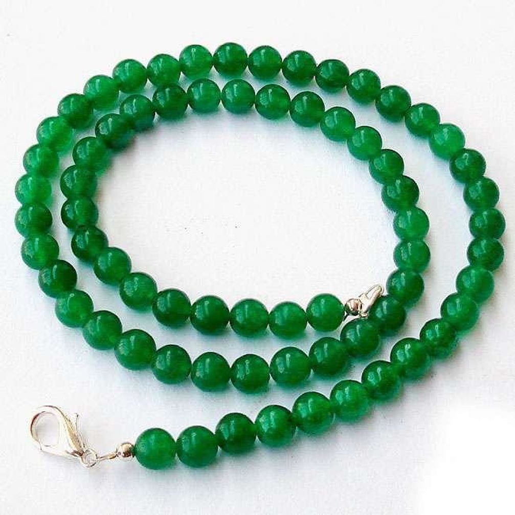 CHARMING NATURAL GREEN JADE ROUND 925 SILVER NECKLACE BEADS JEWELRY H20373