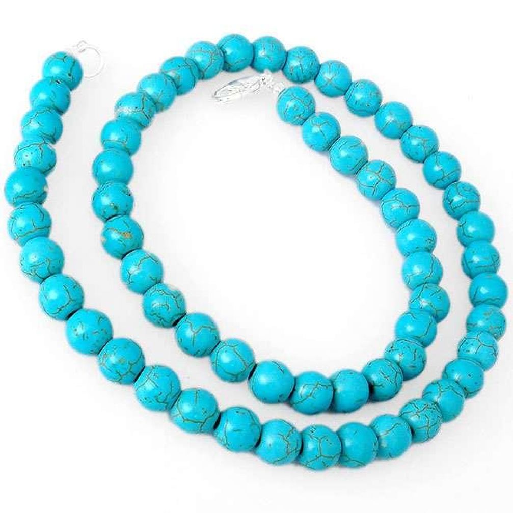 CLASSIC 925 SILVER 184.35cts BLUE TURQUOISE NECKLACE ROUND BEADS JEWELRY H20392