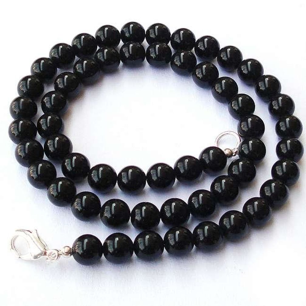 CLASSIC NATURAL BLACK ONYX 925 SILVER NECKLACE ROUND BEADS JEWELRY H20381