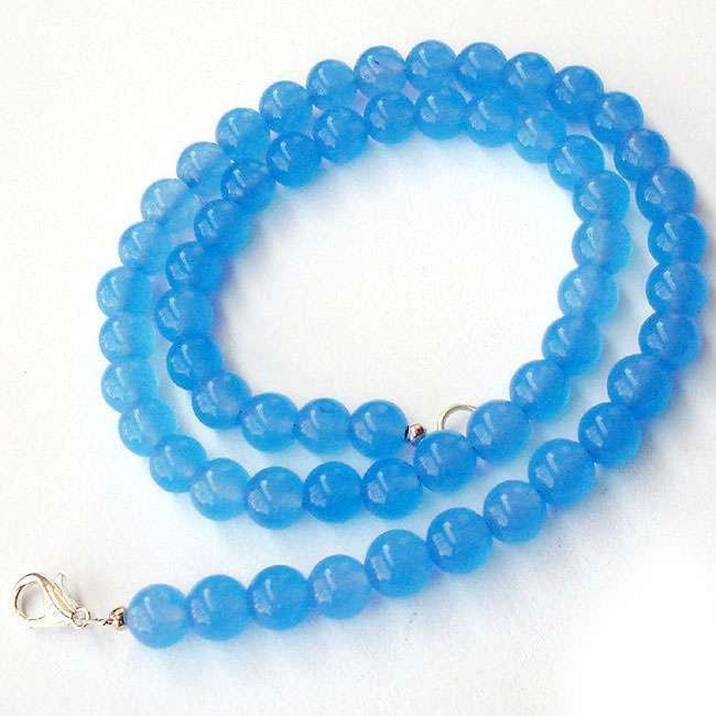 CLASSIC NATURAL BLUE CHALCEDONY 925 SILVER NECKLACE ROUND BEADS JEWELRY H20436