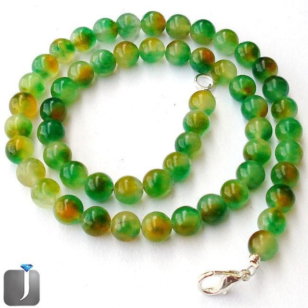 CLASSIC NATURAL GREEN CHRYSOPRASE 925 SILVER ROUND BEADS NECKLACE JEWELRY F96972