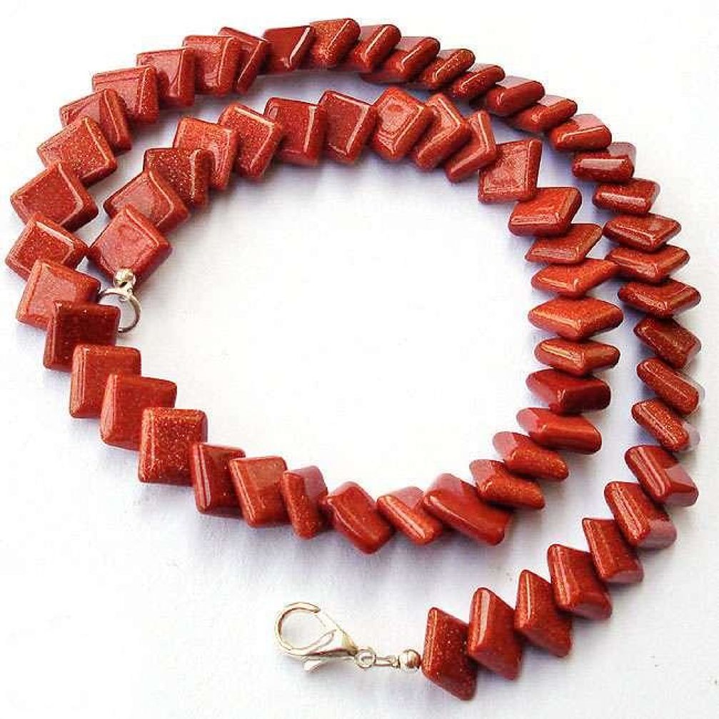 DAINTY NATURAL BROWN GOLDSTONE SQUARE 925 SILVER NECKLACE BEADS JEWELRY H20325