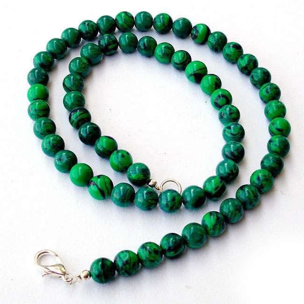 DAINTY NATURAL GREEN MALACHITE (PILOT'S STONE) 925 SILVER BEADS NECKLACE H20416