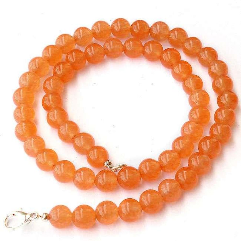 DAZZLING NATURAL ORANGE ONYX 925 SILVER NECKLACE ROUND BEADS JEWELRY H20432