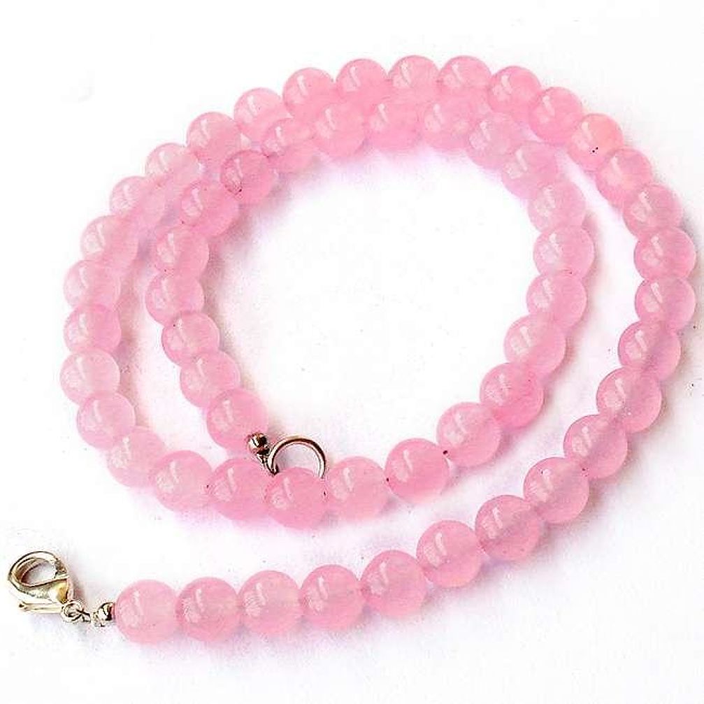 EXCELLENT NATURAL PINK ROSE QUARTZ 925 SILVER NECKLACE BEADS JEWELRY H20391