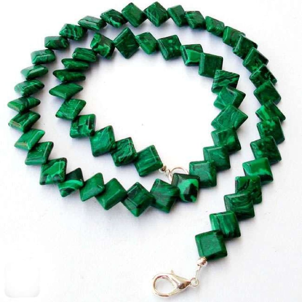 EXOTIC GREEN MALACHITE (PILOT'S STONE) SQUARE 925 SILVER NECKLACE BEADS H20332