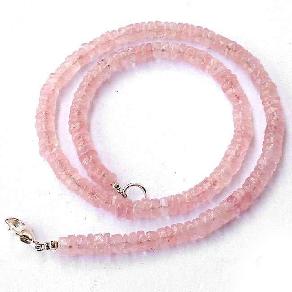 EXOTIC NATURAL ROSE QUARTZ 925 SILVER NECKLACE TIRE SHAPE BEADS JEWELRY H20399