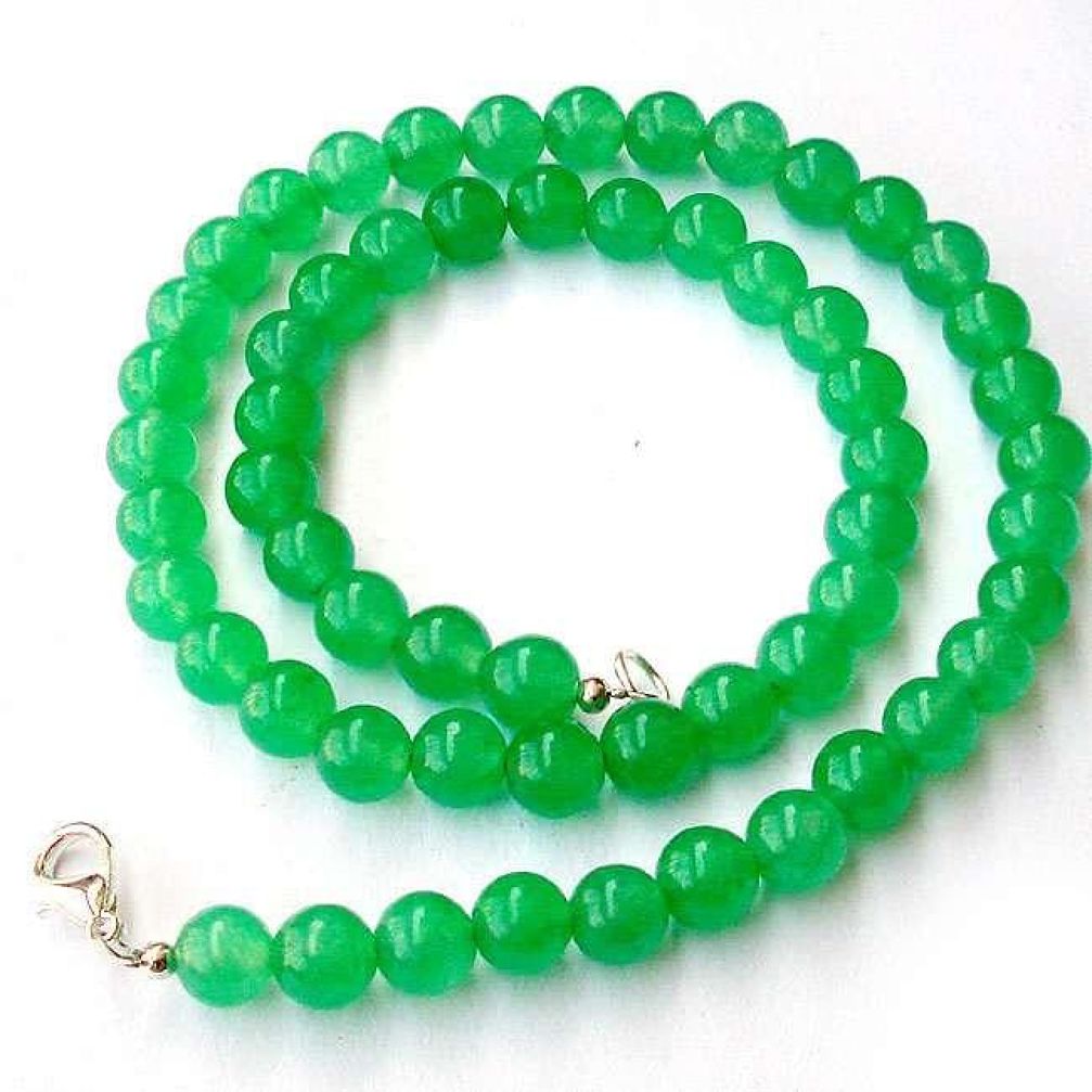 GLITTERING NATURAL GREEN JADE 925 SILVER NECKLACE ROUND BEADS JEWELRY H20430