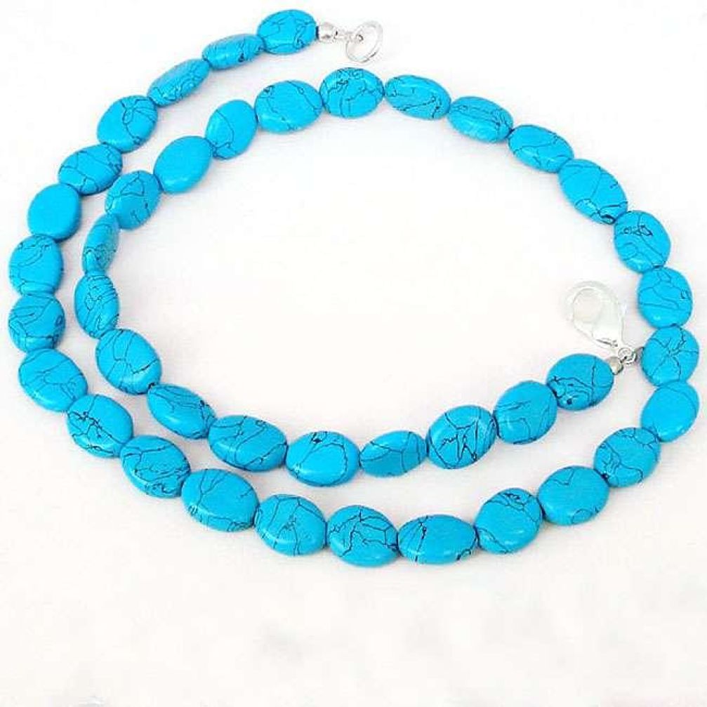 91.62cts GORGEOUS OVAL BLUE TURQUOISE 925 SILVER BEADS NECKLACE JEWELRY H20456