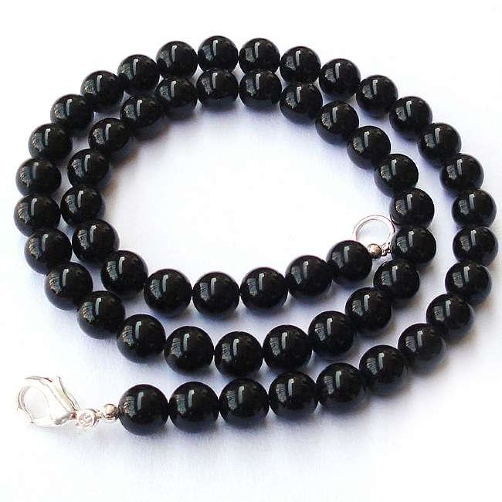 INCREDIBLE NATURAL BLACK ONYX ROUND 925 SILVER NECKLACE BEADS JEWELRY H20484