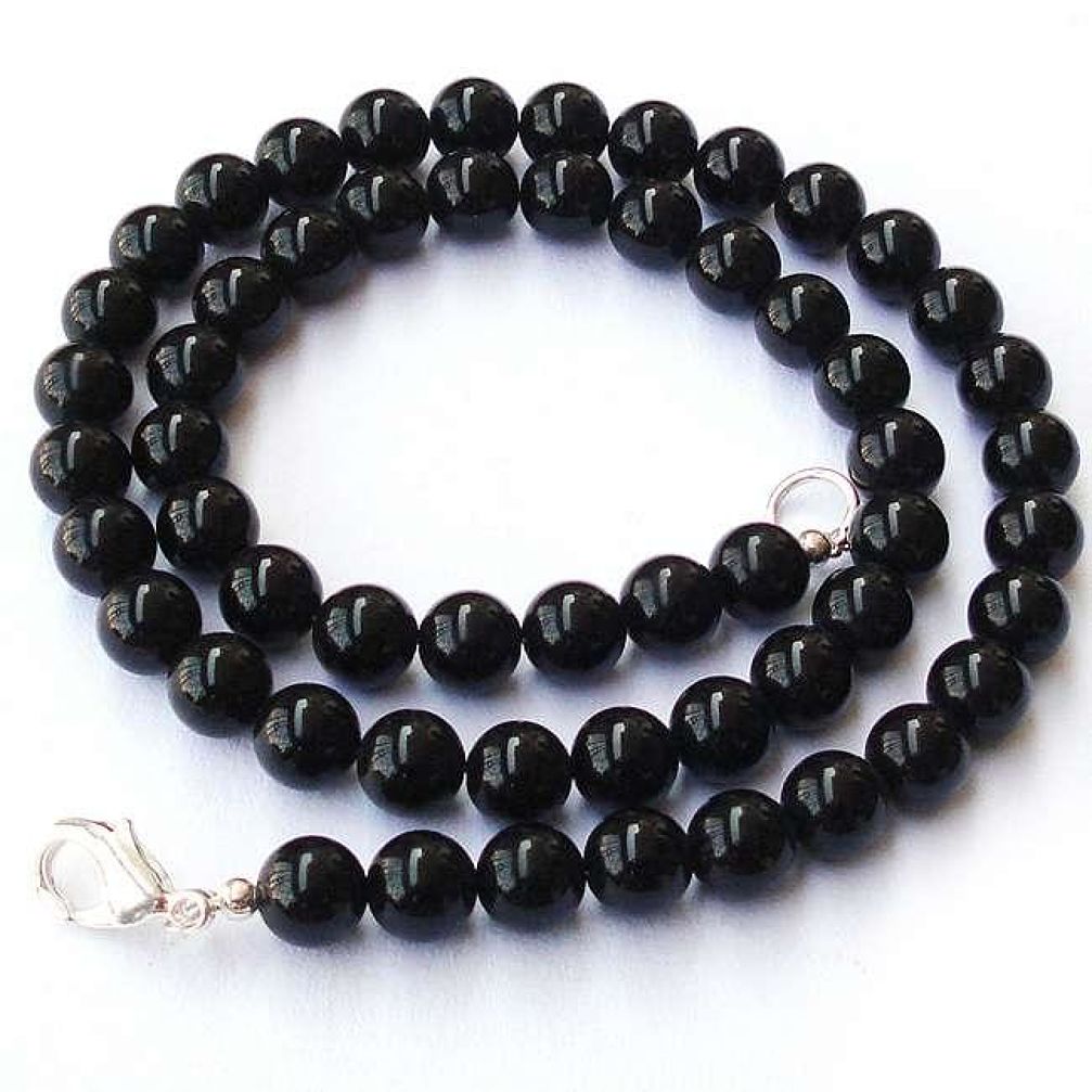 MYSTERIOUS NATURAL BLACK ONYX ROUND 925 SILVER NECKLACE BEADS JEWELRY H20483