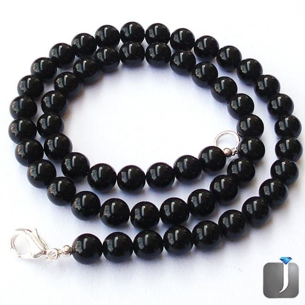 185.75cts NATURAL BLACK ONYX 925 SILVER ROUND BEADS NECKLACE JEWELRY G4923