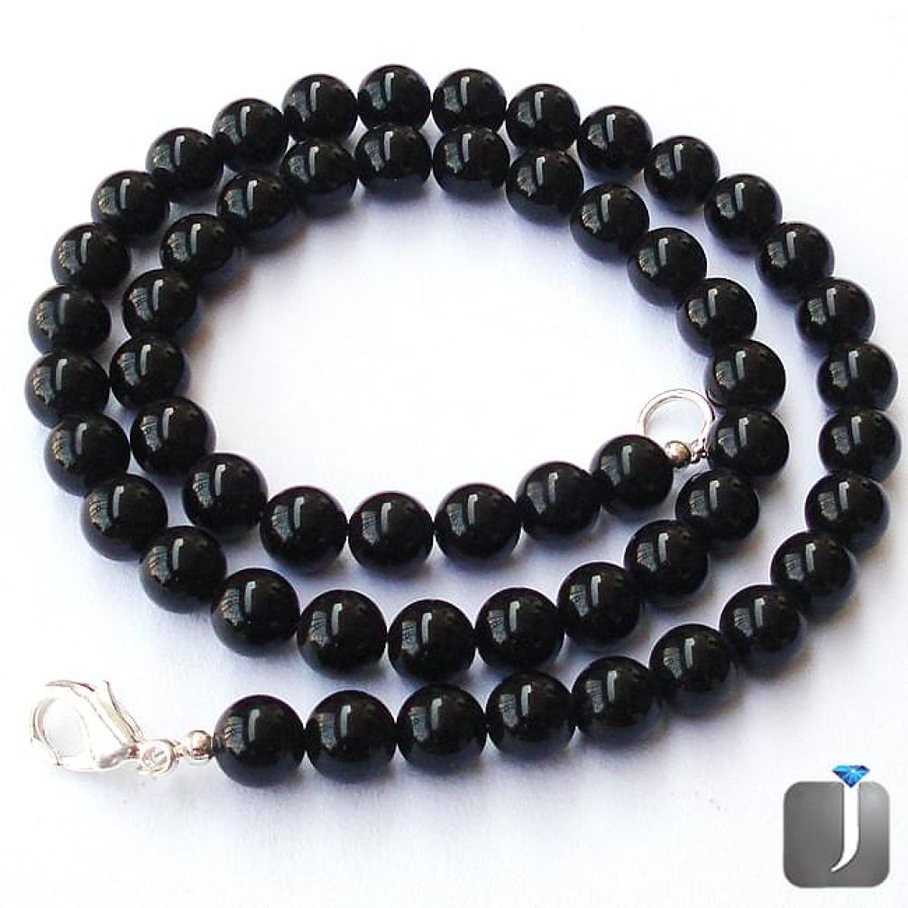 187.75cts NATURAL BLACK ONYX ROUND 925 SILVER NECKLACE BEADS JEWELRY G40946