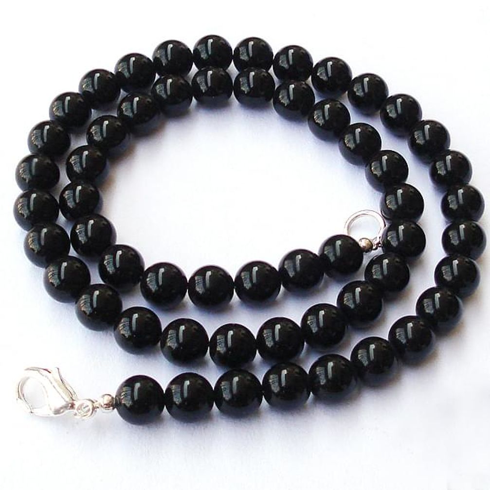 NATURAL BLACK ONYX ROUND SHAPE 925 SILVER NECKLACE BEADS JEWELRY H8991