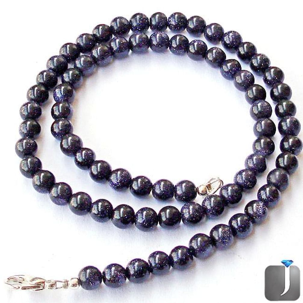 124.59cts NATURAL BLUE GOLDSTONE ROUND 925 SILVER NECKLACE BEADS JEWELRY G48955