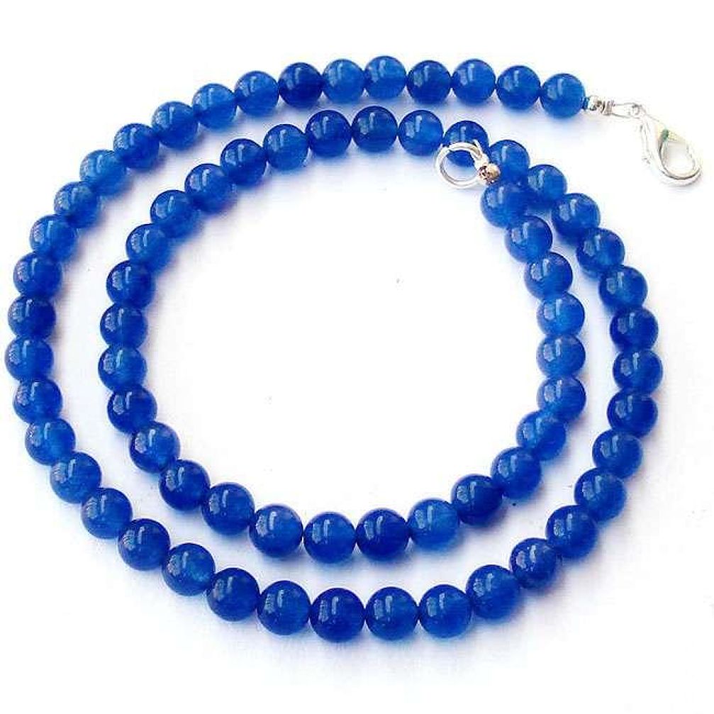 119.68cts NATURAL BLUE JADE ROUND 925 SILVER NECKLACE ROUND BEADS JEWELRY H20387