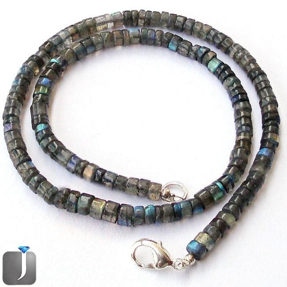 116.66cts NATURAL BLUE LABRADORITE 925 SILVER BEADS NECKLACE JEWELRY F24963