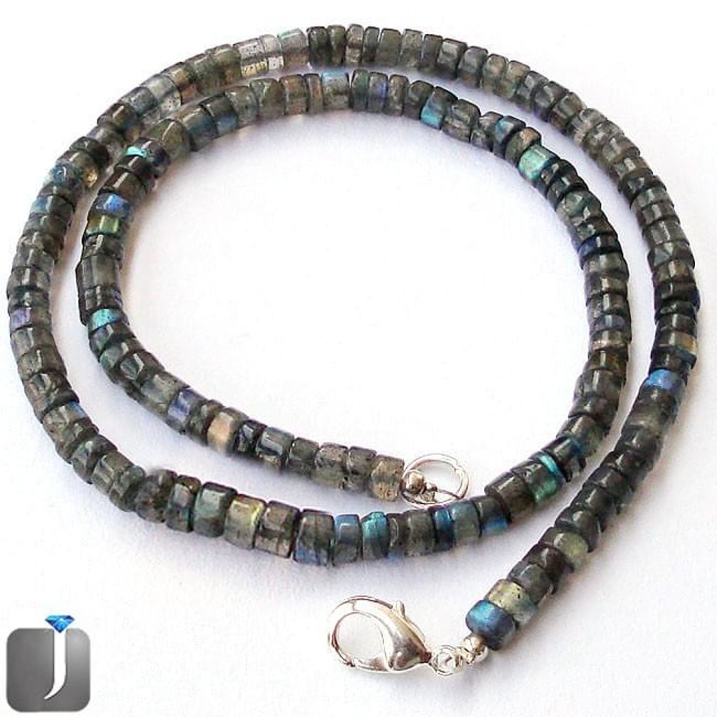 117.85cts NATURAL BLUE LABRADORITE 925 SILVER BEADS NECKLACE JEWELRY F24965