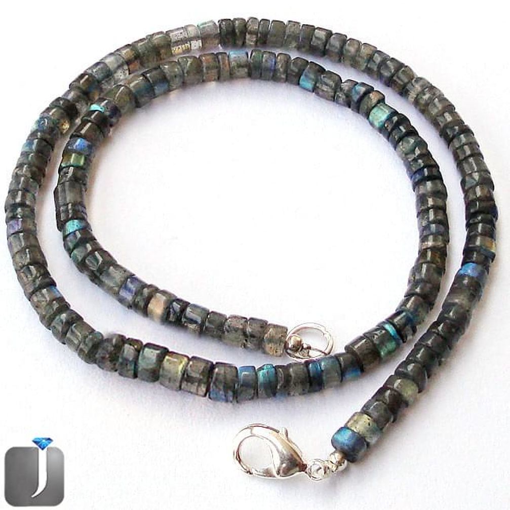 123.02cts NATURAL BLUE LABRADORITE 925 SILVER BEADS NECKLACE JEWELRY F4943