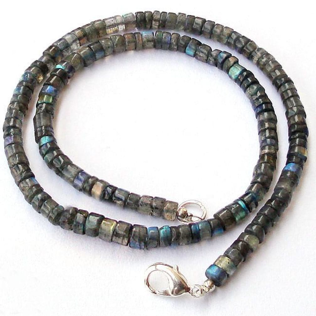 NATURAL BLUE LABRADORITE CANADIAN ROUND 925 SILVER BEADS NECKLACE JEWELRY H8910