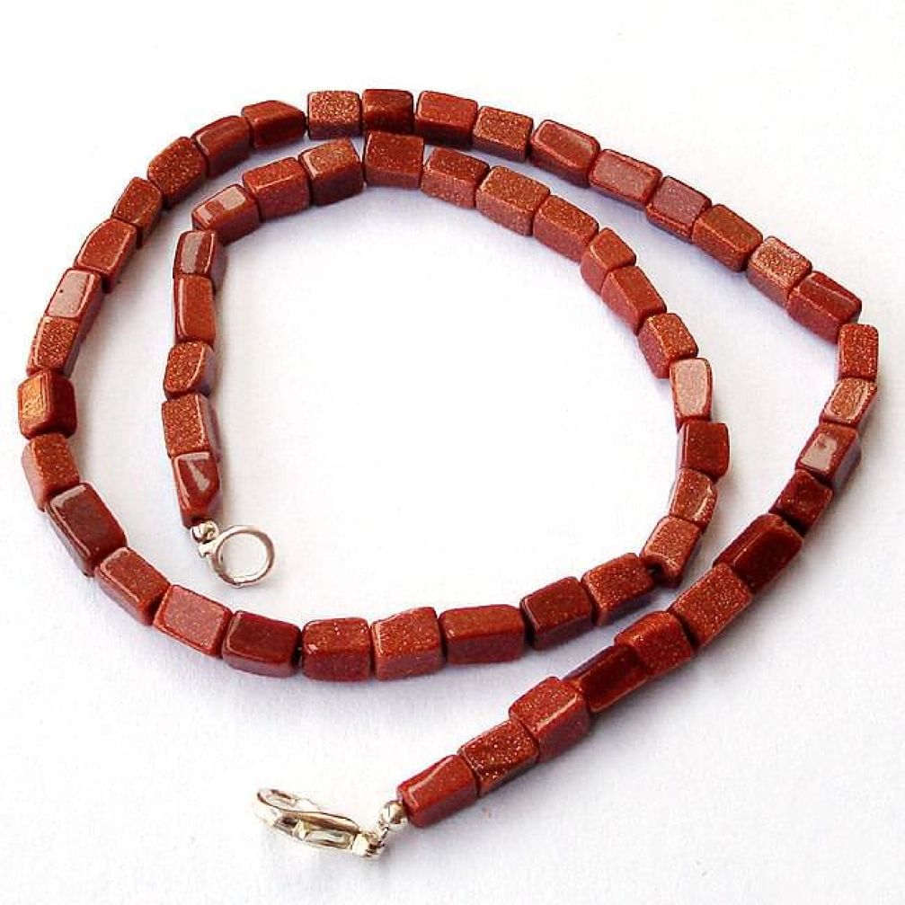NATURAL BROWN GOLDSTONE 925 SILVER RECTANGLE BEADS NECKLACE JEWELRY H8907