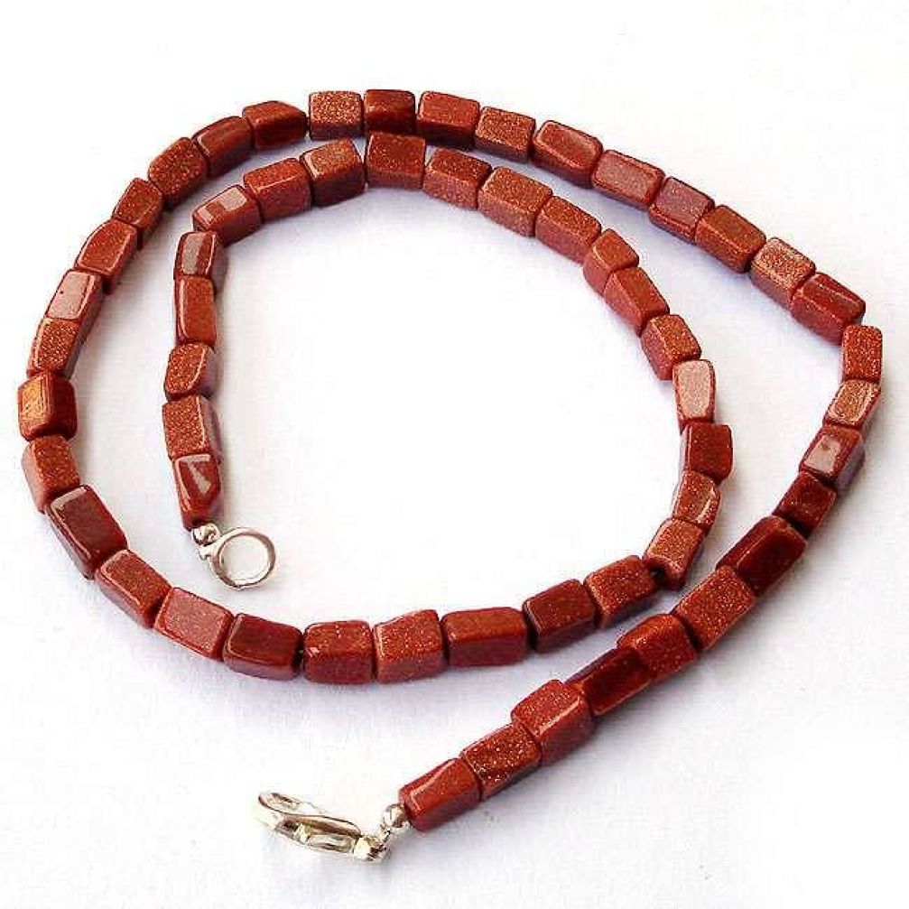 NATURAL BROWN GOLDSTONE RECTANGLE 925 SILVER BEADS NECKLACE JEWELRY H20443