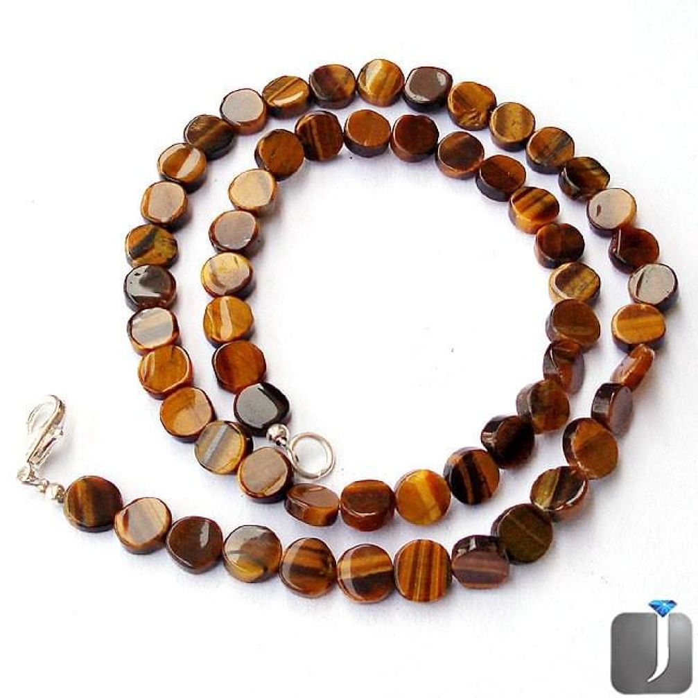 98.94CT NATURAL BROWN TIGERS EYE BUTTON 925 SILVER NECKLACE BEADS JEWELRY G4972