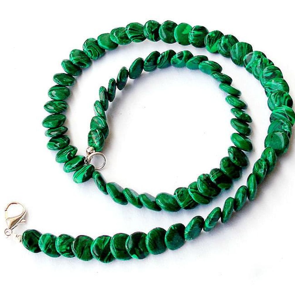 NATURAL GREEN MALACHITE (PILOT'S STONE) 925 SILVER COIN NECKLACE BEADS H8914