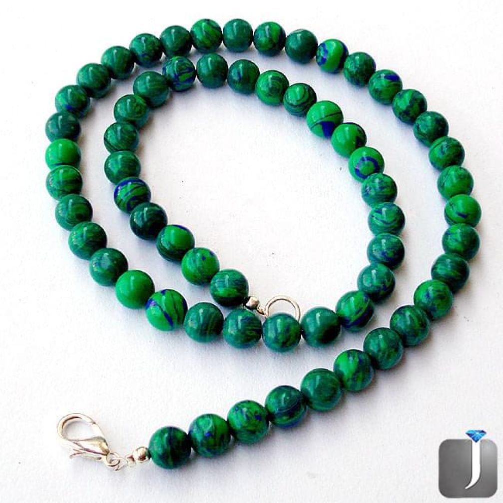 NATURAL GREEN MALACHITE (PILOT'S STONE) 925 SILVER NECKLACE BEADS JEWELRY G40939