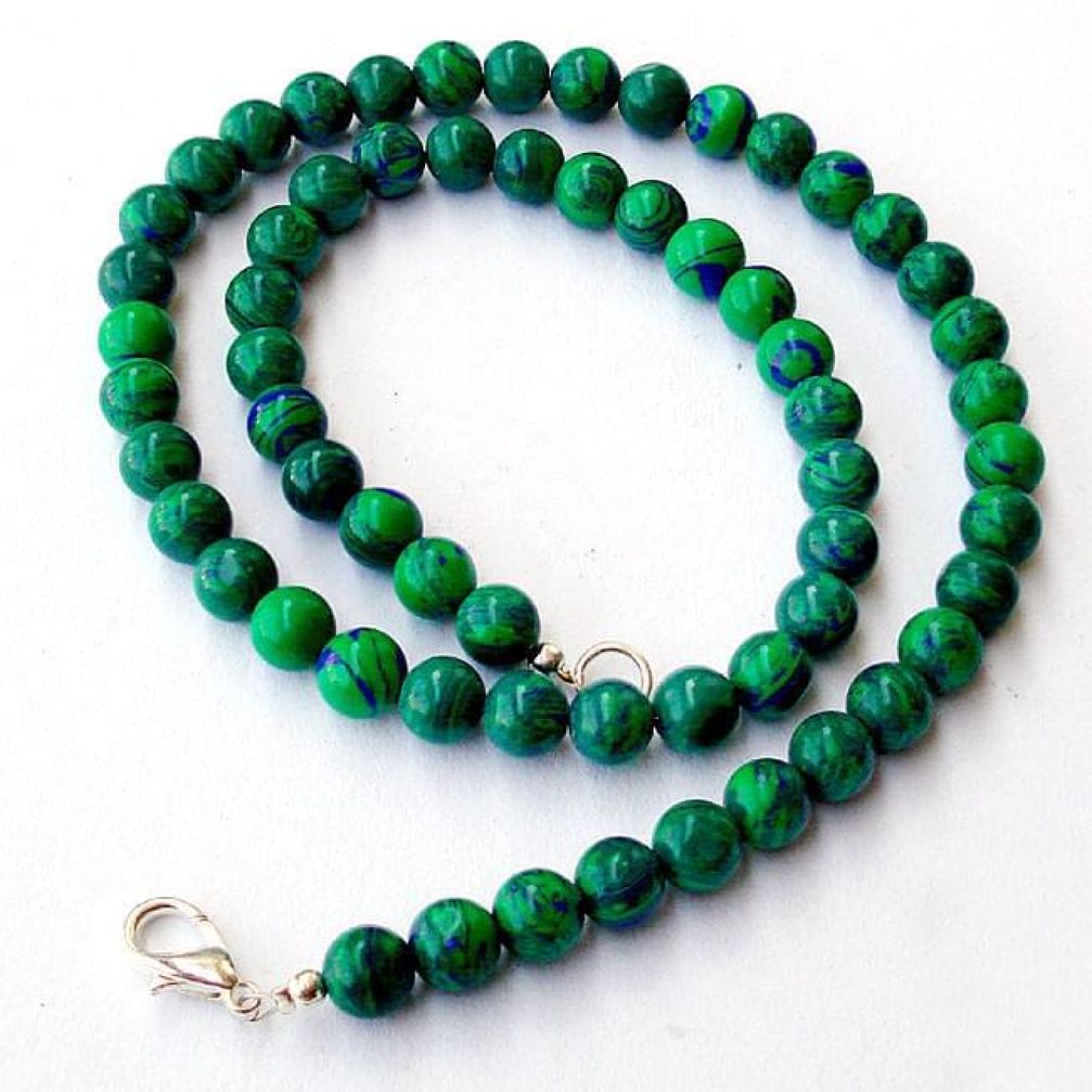 NATURAL GREEN MALACHITE (PILOT'S STONE) 925 SILVER ROUND BEADS NECKLACE H8918