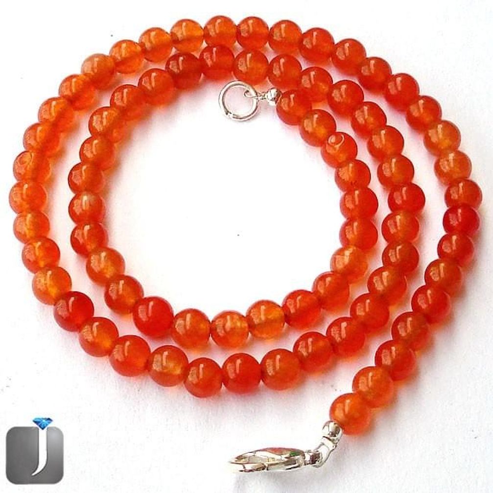 123.21cts NATURAL ORANGE CARNELIAN 925 SILVER BEADS NECKLACE JEWELRY F96949