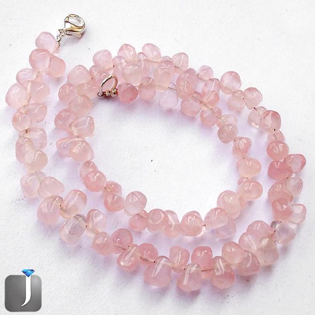 199.58cts NATURAL PINK ROSE QUARTZ 925 SILVER NECKLACE BEADS JEWELRY G48973