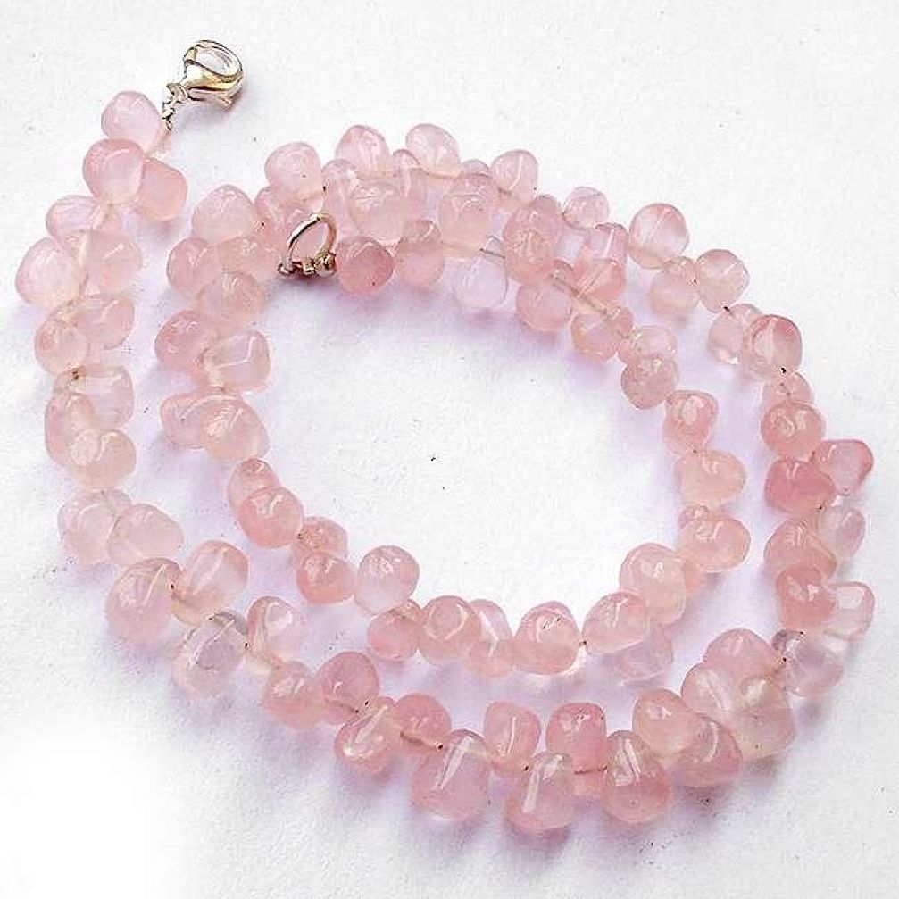 NATURAL PINK ROSE QUARTZ 925 SILVER NECKLACE DROP SHAPE BEADS JEWELRY H20353