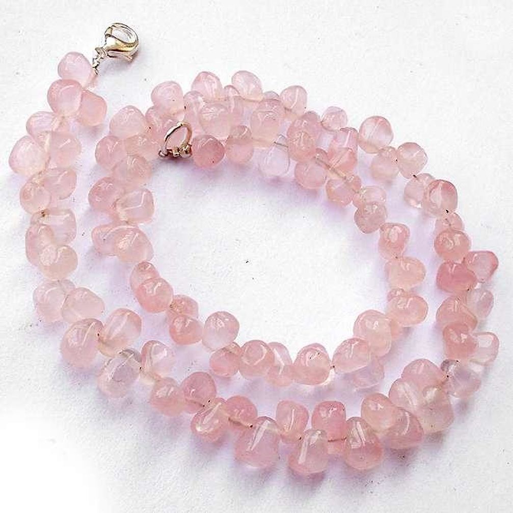 SUPERB NATURAL PINK ROSE QUARTZ 925 SILVER NECKLACE DROP BEADS JEWELRY H20476