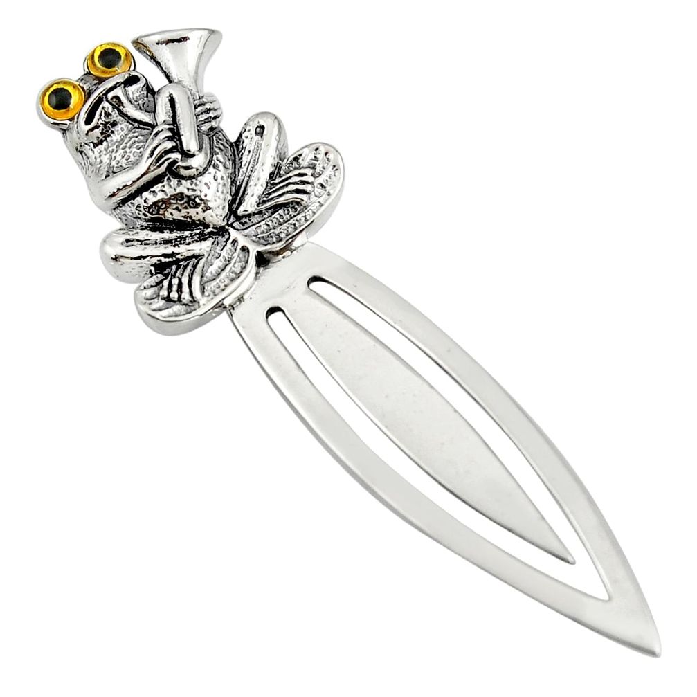 6.69gms natural black onyx 925 sterling silver 14k gold frog bookmark c26701